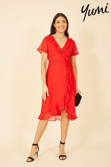 أحمر - فستان ملفوف بكشكشة من Yumi (E21139) | 238 ر.ق