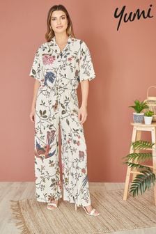 Yumi White Viscose Bird And Floral Print Tie Front Shirt (E21145) | $83