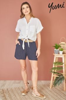 Yumi Blue Striped Italian Linen Shorts With Belt (E21148) | 223 SAR