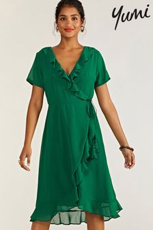 Yumi Green Frill Wrap Dress (E21152) | AED266