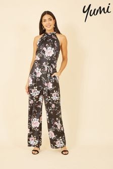 Yumi Black Floral Satin Halter neck Jumpsuit (E21161) | $108