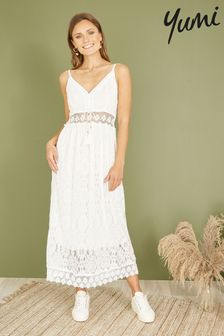 Yumi Lace Midi Sundress With Tassel Tie and Ruched Back