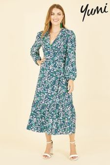 Yumi Green Daisy Print Wrap Midi Dress With Long Sleeves (E21173) | kr844