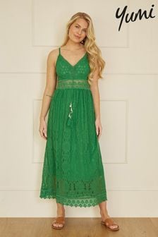 Yumi Green Lace Midi Sundress With Tassel Tie and Ruched Back (E21178) | SGD 97