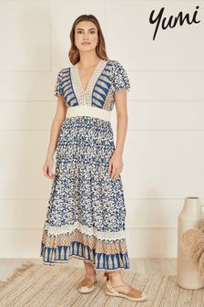 Yumi Blue Viscose Leaf Print Maxi Dress With Lace Trim (E21184) | 272 QAR
