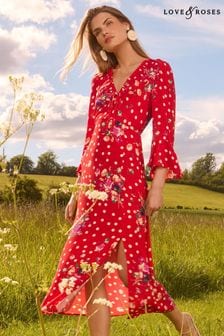 Love & Roses Red Polka Dot Printed Flute Sleeve Midi Dress (E21772) | kr1 220