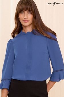 Love & Roses Blue Petite Scallop Pintuck Flute Sleeve Blouse (E22253) | $55