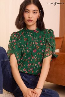 Love & Roses Green Floral Petite Printed Chiffon Tulip Sleeve Blouse (E22269) | €41