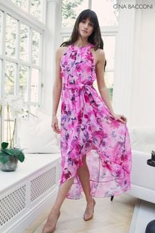 Gina Bacconi Pink Hermione Printed Keyhole Halter Maxi Dress (E22312) | AED1,104