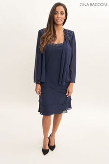 Gina Bacconi Blue Camira Lace Shoulder Bead Tier Jacket Dress