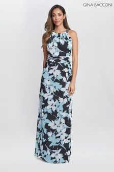 Gina Bacconi Irina Printed Halter Neck Maxi Black Dress With Embellished Neckline (E22341) | $446