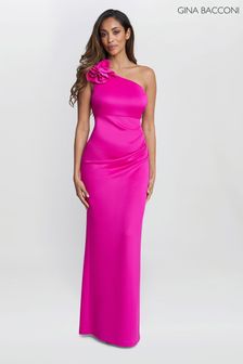 Gina Bacconi Pink Agatha 3D Flower Detailed One Shoulder Maxi Dress