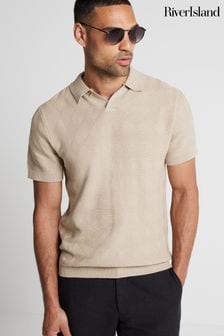 River Island Natural 100% Cotton Short Sleeve Diamond Stitch Knit Polo Shirt (E22526) | kr630