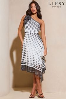 Lipsy Black and White Polka Dot One Shoulder Bow Asymmetricalmetrical Midi Dress (E22661) | LEI 493