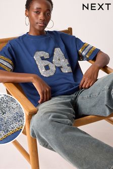 Blue Oversized Sequin Varsity Graphic 100% Cotton T-Shirt (E22708) | $51