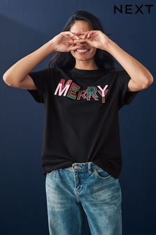 Black 100% Cotton Merry Christmas T-Shirt (E22864) | €33