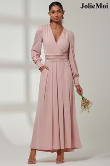 Różowo-chromowe - Sukienka maxi Jolie Moi Giulia z długim rękawem (E23571) | 560 zł
