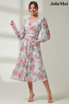 Jolie Moi White/Pink Pleat Waist V-Neck Mesh Dress (E23576) | AED333
