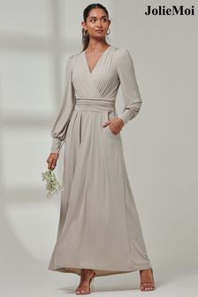 Jolie Moi Grey Giulia Long Sleeve Maxi Dress (E23587) | $153