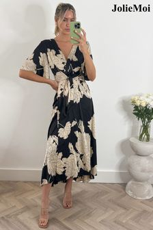 Jolie Moi Black Angel Sleeve Satin Maxi Dress (E23588) | KRW128,100