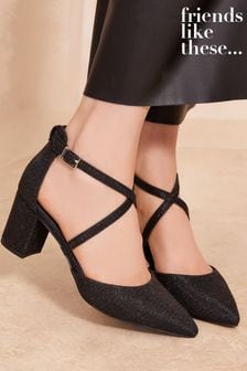 Friends Like These Black Glitter Cross Strap Mid Block Heel Court Shoes (E23639) | €58