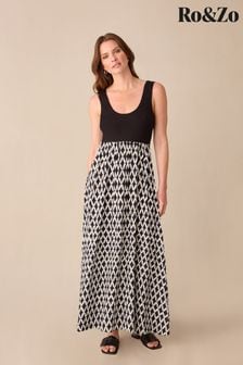 Ro&Zo Petite Geo Print Skirt Maxi Black Dress (E23864) | $153