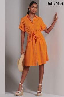 Portocaliu - Jolie Moi Olivea Linen Drop Shoulder Shirt Dress (E23892) | 388 LEI
