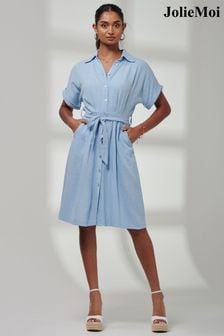 Синий - Льняное платье-рубашка с занижами на плечах Jolie Moi Olivea (E23899) | €89