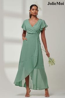 Jolie Moi Green Vicky Chiffon Frill Maxi Dress (E23901) | SGD 145