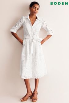 Boden White Petite Kate Broderie Midi Shirt Dress (E24104) | $317