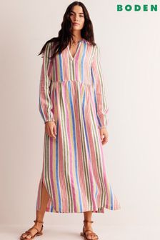 Boden Pink Petite Linen Stripe Maxi Notch Neck Dress (E24113) | SGD 281