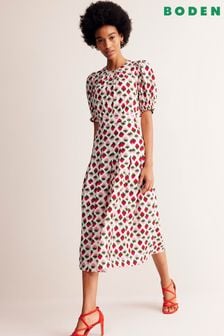 Boden Cream Petite Liv Pleat Detail Midi Dress (E24119) | OMR70