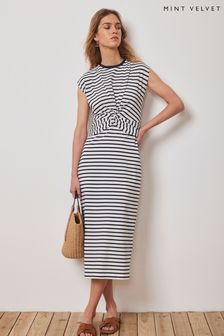 Mint Velvet Navy Stripe Jersey Twist Midi Dress (E24195) | €142