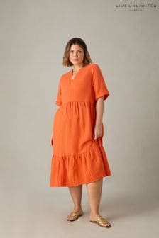Live Unlimited Curve Orange Paprika Cotton Crinkle Tiered Dress (E24276) | €81