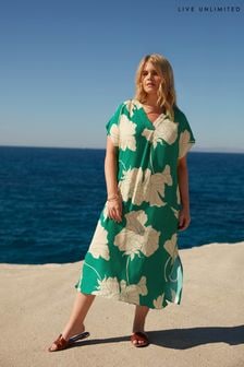 Live Unlimited Green Curve Floral Pleat Front Midi Dress (E24320) | $135