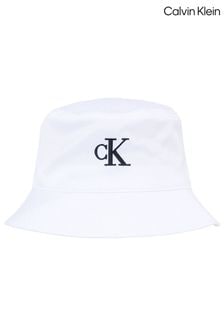 Calvin Klein White Monogram Embroidered Bucket Hat (E24333) | $55