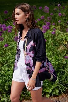 Navy/Pink Floral Placement Print Kew Collection Long Sleeve Longline Shirt (E24467) | CA$108