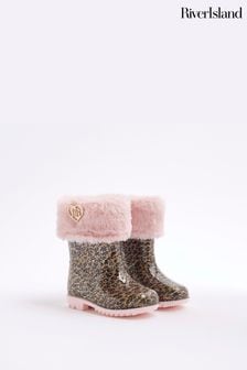 River Island Pink Girls Leopard Print Wellies Boots (E25004) | $31