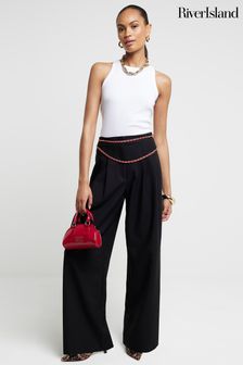 River Island Black Wide Leg Pleated Linen Trousers (E25016) | ₪ 201