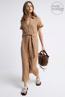 River Island Brown Short Sleeve Textured Midi Shirt Dress (E25018) | €31