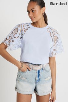 River Island Blue Hybrid Broderie Raglan T-Shirt (E25028) | SGD 58