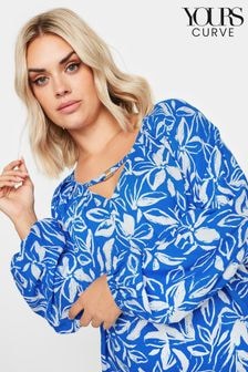 Yours Curve Blue Floral Print Balloon Sleeve Blouse (E25663) | $50