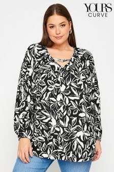 Yours Curve Black Floral Balloon Sleeve Blouse (E25666) | $50