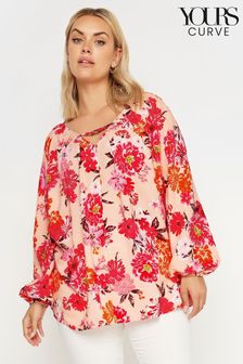 Yours Curve Pink Floral Balloon Long Sleeve Trim Top (E25667) | kr530
