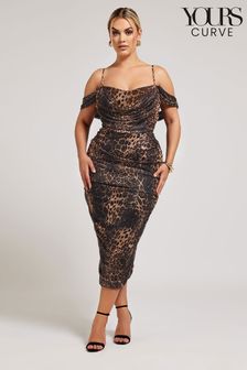 Yours Curve Black Cold Shoulder Cowl Gather Mesh Dress (E25692) | €76