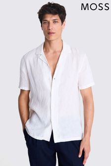 MOSS Tailored Fit Linen Cuban Collar White Shirt (E25714) | AED305