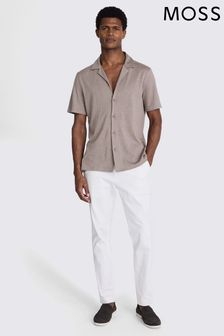 MOSS Dark Taupe Linen Blend Knitted Cuban Collar Shirt (E25719) | €85