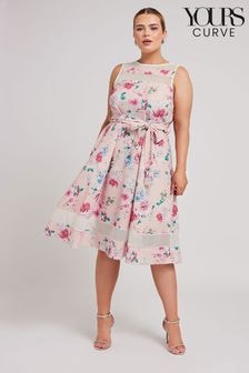 Yours Curve Pink Floral Mesh Panel Skater Dress (E25740) | $93