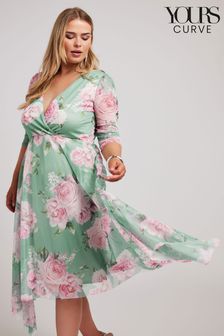 Yours Curve Green Floral Wrap Mesh Hanky Hem Dress (E25742) | kr740