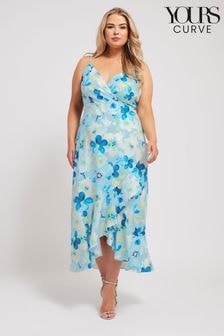 Yours Curve Blue Floral Ruffle Wrap Dress (E25750) | $108